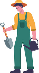 Smiling gardener with watering can and small shovel. Concept of environmental protection, planting vegetables, gardening. Flat vector illustration.