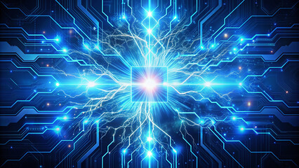 Obraz premium Vibrant blue electric sparks erupt from a futuristic circuit board, forming a mesmerizing geometric pattern of light and energy against a dark, gradient background.