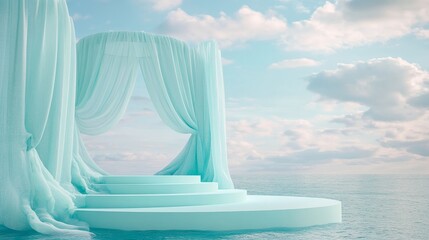 Serene Nautical Product Display Podium with Mint Curtains in Pastel Light Colors Under Blue Sky - 3D Render Illustration