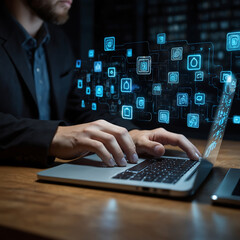 Abstract geometric background Scene 3D Rendering. cyber space fantastic scene in virtual reality.