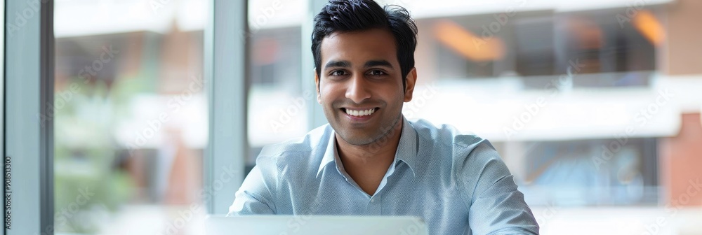 Poster Confident South Asian businessman working on laptop in office focused on screen smiling