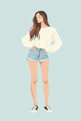 Minimalism illustration, a European woman, wearing a basic long-sleeve shirt with denim shorts and slip-ons, standing with hands on hips, casual fashion, boho, flat illustration on pale blue 