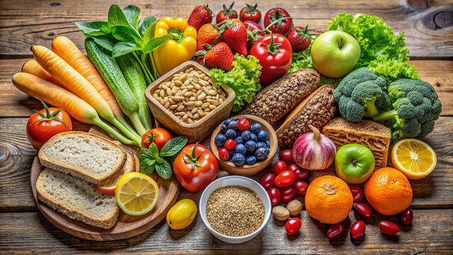 Colorful arrangement of fresh fruits and vegetables, whole grain bread, and nuts on a wooden table, promoting healthy eating habits for children.