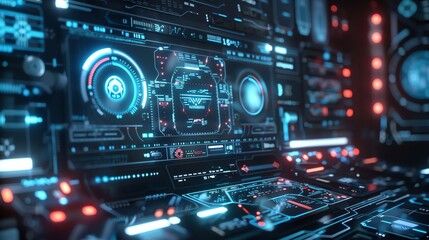 Fototapeta premium A futuristic, digital control panel with glowing blue and red lights.