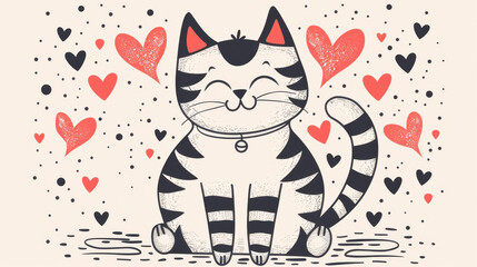 A charming handdrawn cat surrounded by whimsical hearts, radiating love and joy in a delightful illustration.
