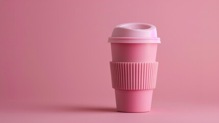 A pink reusable coffee cup on a pink background.