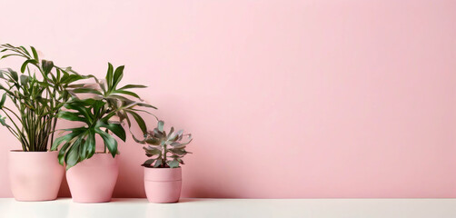 Pink background with plants on the left, and space for advertising or writing. High quality background for banners, posters, wallpaper or template.