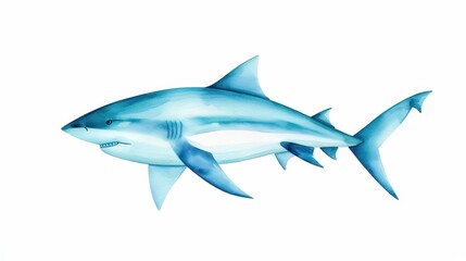 Obraz premium A stunning handdrawn watercolor illustration of a silky shark, showcasing its elegance against a pure white background.