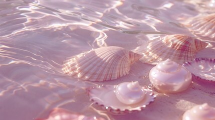 Delicate seashells in soft pink water with smooth waves and gentle light reflections in a tranquil marine setting