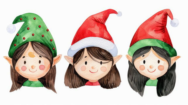 Cute Christmas elf in Scandinavian style, full of charm and holiday spirit, painted in watercolor against a clean backdrop.