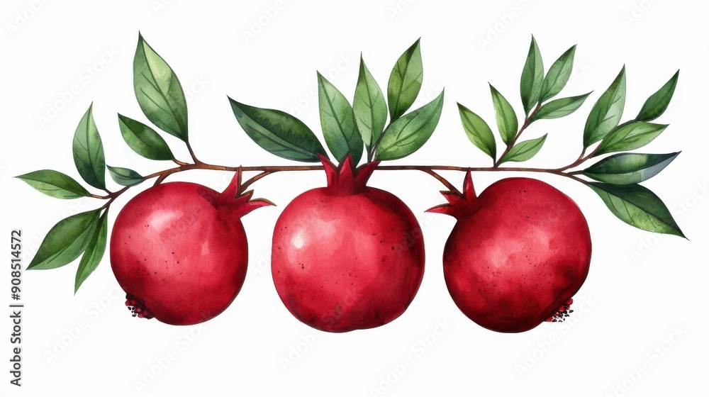 Wall mural Vibrant pomegranate fruit and lush leaves illustrated in watercolor, creating a fresh and appetizing focal point.