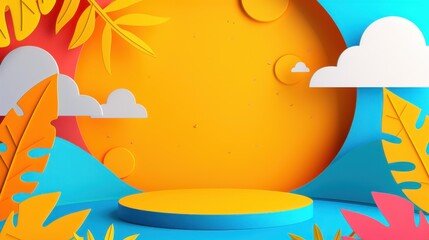 Obraz premium A creative podium platform featuring geometric shapes set against a lush nature backdrop, enhanced with a vivid paper illustration.