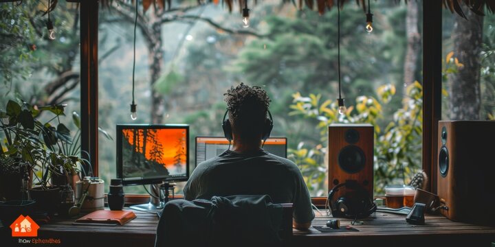 A man works from home with a view of nature outside an open window. The concept of remote work, freelancing