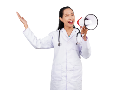 Female doctor holding megaphone isolated transparent