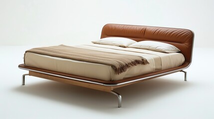 Obraz premium A modern bed with a brown leather headboard and a wooden frame.