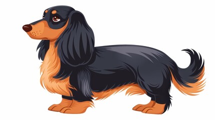 Delightful depiction of a cute longhaired pup in colorful watercolor style, set against a crisp white background.