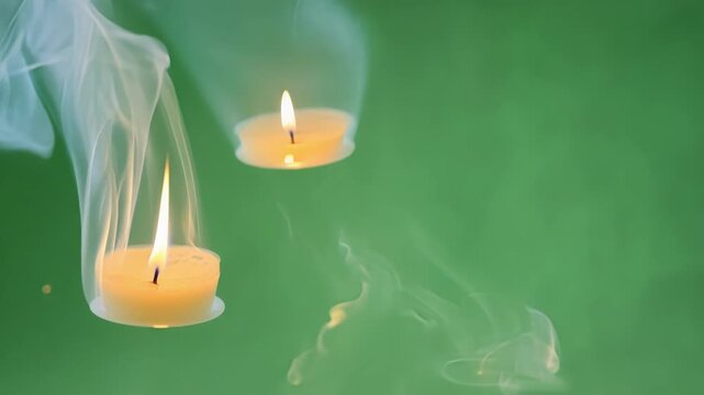 Wispy tendrils of smoke waft upwards as the flickering candles continue to float casting a peaceful aura. Green screen chromakey