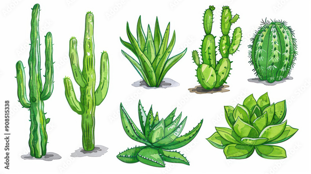 Sticker A vibrant green cactus set featuring saguaro and aloe vera, beautifully illustrated in watercolour on a white backdrop.