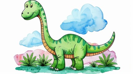 Naklejka premium Adorable green dinosaur in watercolor, perfect for childrens illustrations, stickers, and playful print designs.