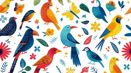 Vibrant exotic birds and flowers create a lively tropical paradise wallpaper.