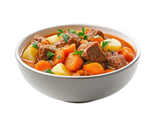 A hearty bowl of beef stew with tender meat, vegetables, and fresh herbs, perfect for a cozy meal on a chilly day.