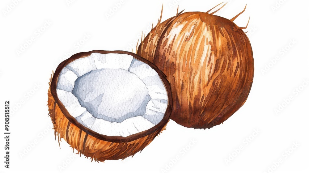 Canvas Prints Vibrant handpainted coconut art, showcasing a ripe sliced half on a  white background. Perfect for food enthusiasts