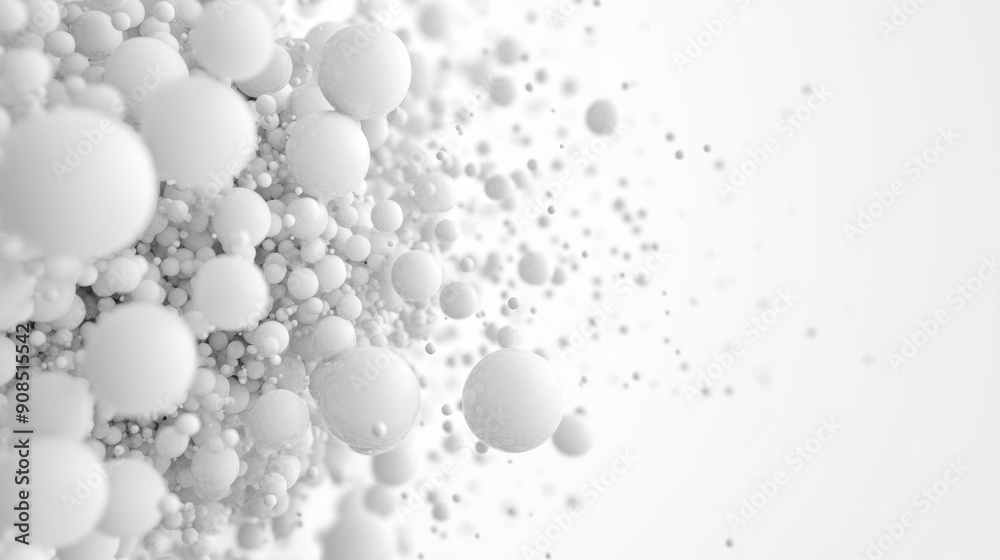 Poster floating white spheres create a dynamic visual effect against a soft light background