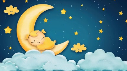 Delight in this handdrawn watercolor art featuring a sleepy moon, charming stars, and soft cloudsperfect for sweet dreams