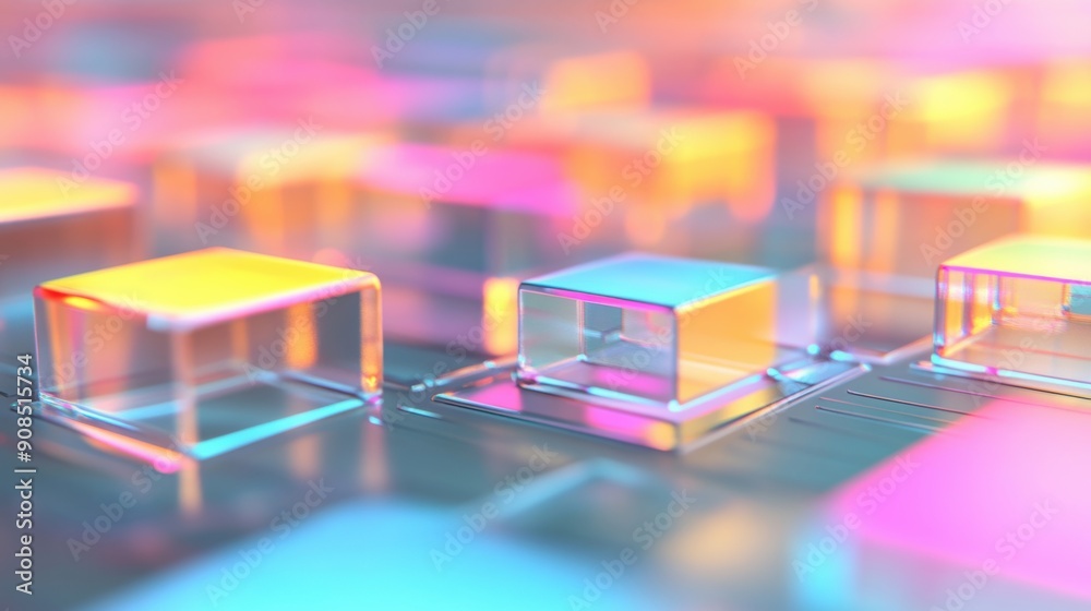 Poster colorful geometric blocks create a luminous abstract design with reflections in a tranquil environme