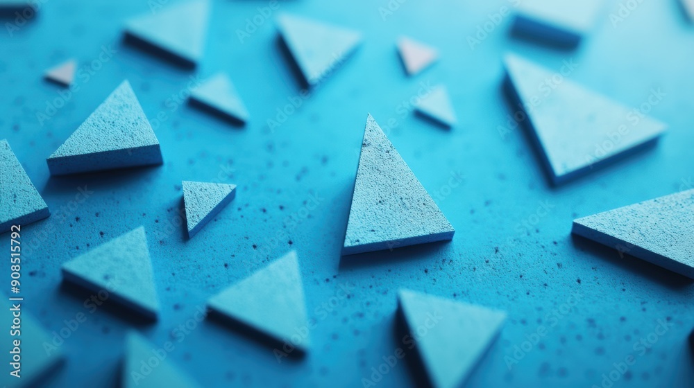 Poster an assortment of triangular shapes in various sizes scattered across a textured blue background