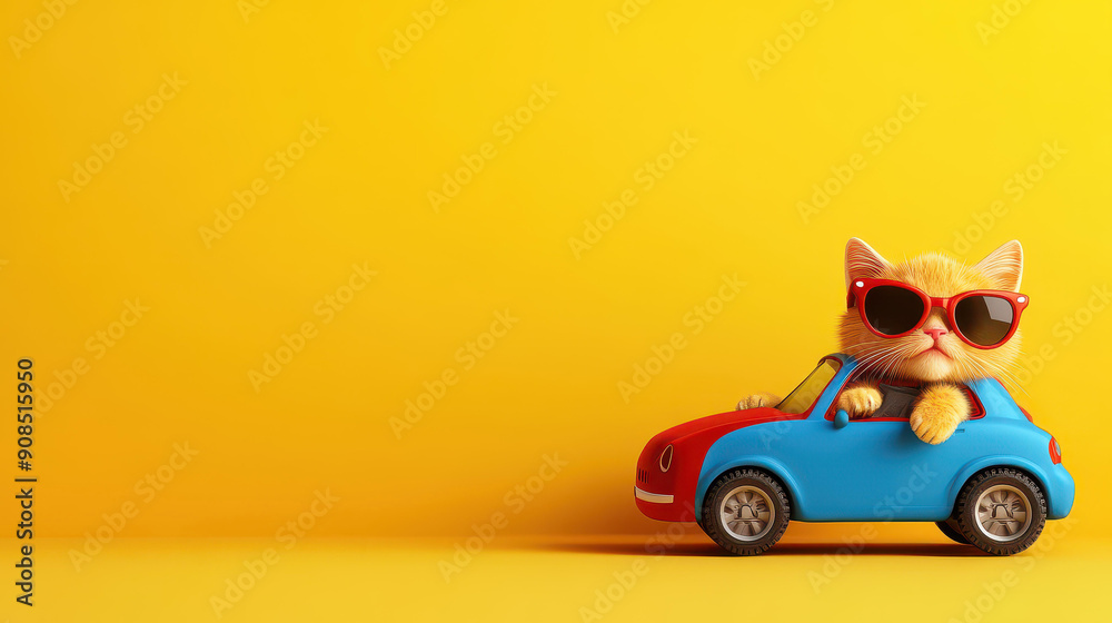 Wall mural A cute cat in shades drives a toy car, adding a splash of fun and whimsy against a bright yellow backdrop.