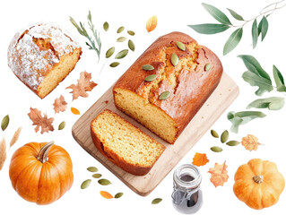 Delicious homemade pumpkin bread, sliced and garnished with autumn leaves and pumpkins for a cozy fall atmosphere.