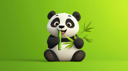 Obraz premium Adorable cartoon panda munching on bamboo, set against a vibrant green backdrop. Perfect for kids themes
