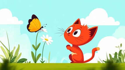 A playful red kitten gazes at a butterfly perched on a vibrant flower in this charming cartoonstyle illustration.