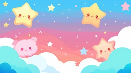 Dive into a dreamy world with a pastel sky adorned with cute clouds and twinkling stars in a unique cutandpaste style.