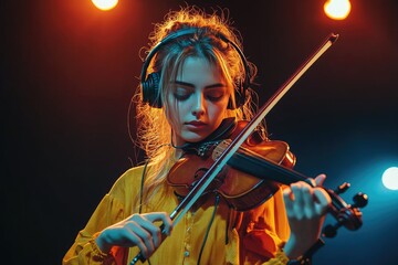 Fototapeta premium Young Female Violinist Performing on Stage with Headphones Under Vibrant Lights