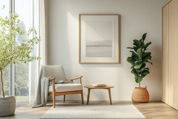 Fototapeta premium Cozy Minimalist Living Room with Armchair, Framed Artwork, and Indoor Plants in Natural Light