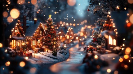 Naklejka premium Cozy Christmas Village at Night with Festive Lights and Snow Decorations