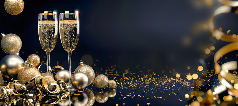 Two champagne flutes stand tall amid scattered golden baubles and shimmering confetti, exuding elegance and festive cheer against a dark blue backdrop