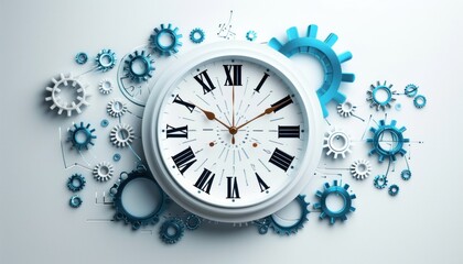 Fototapeta premium A clock is beautifully surrounded by intricate gears set against a clean white background