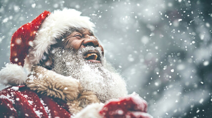 Amid a winter wonderland, a dark-skinned Santa Claus slips joyfully on snow, his laughter echoing as he embraces the playful spirit of the season