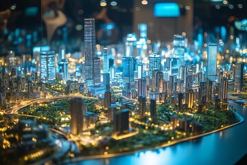 Miniature Cityscape Model with Illuminated Buildings.