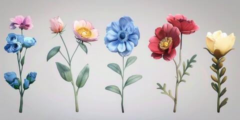 Collection of 2D and 3D Vector Flat Abstract Minimalistic Art of Flowers and Meadow Isolated on a White Background