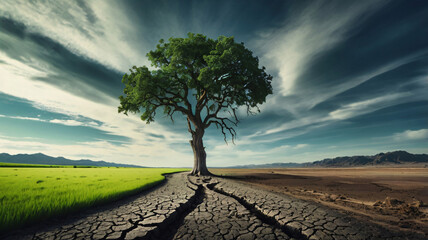 Climate change concept. contrast of green to dry and barren. a tree growing in the center of a dry vs green field