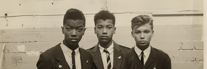 Vintage 1970s photo of three 17 year old schoolboys with high and tight haircuts in an industrial setting dressed in traditional school uniform with ties blazers short trousers and knee soc