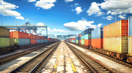 Obraz premium Bright sunshine illuminates cargo containers on a railway platform, ready for delivery at a bustling logistics hub under a clear blue sky