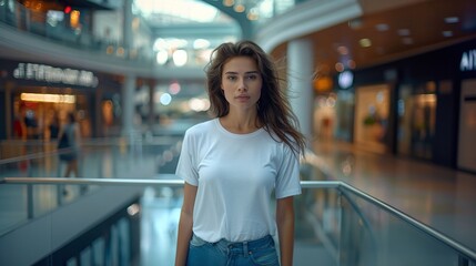 Fashionable Caucasian Woman Modeling a White T-Shirt in Front of a Department Store Glass Showcase