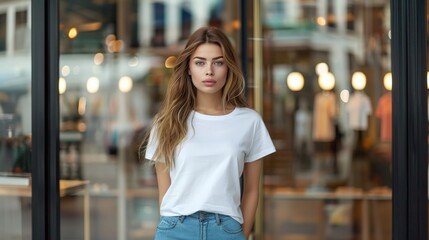 Fashionable Caucasian Woman Modeling a White T-Shirt in Front of a Department Store Glass Showcase