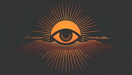 Minimalist dystopian company logo of a circle with several lines in the centre, sunset background