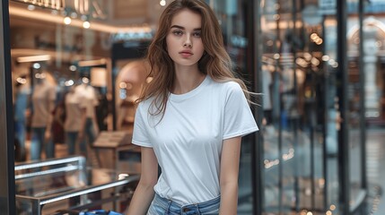 Fashionable Caucasian Woman Modeling a White T-Shirt in Front of a Department Store Glass Showcase